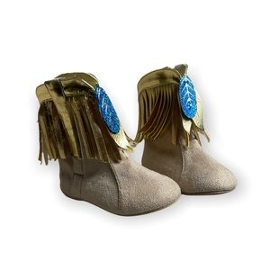 Disney Pocahontas Gold Fringe Turquoise Feather Boots Kids 7/8 Costume Dress Up